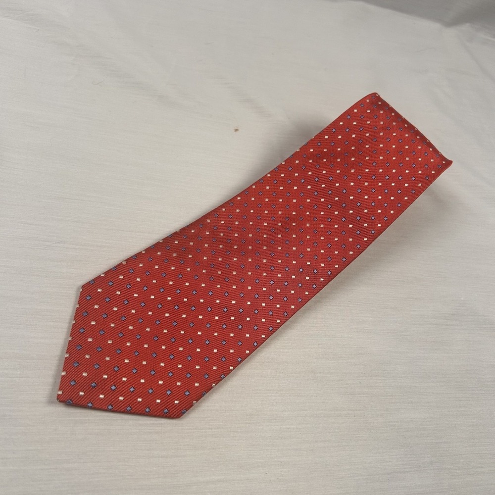 Land's End Men Salmon Yellow Blue Mini Squares 100% Silk Made in USA Tie NWoT - Picture 1 of 5